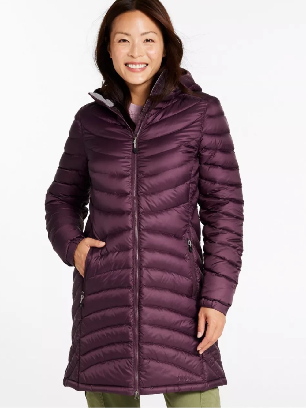 L.L. Bean ultralight 850 Long Hooded Puffer Coat - dark plum large